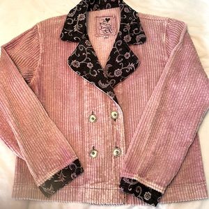 Short corduroy jacket, pink with black floral accents